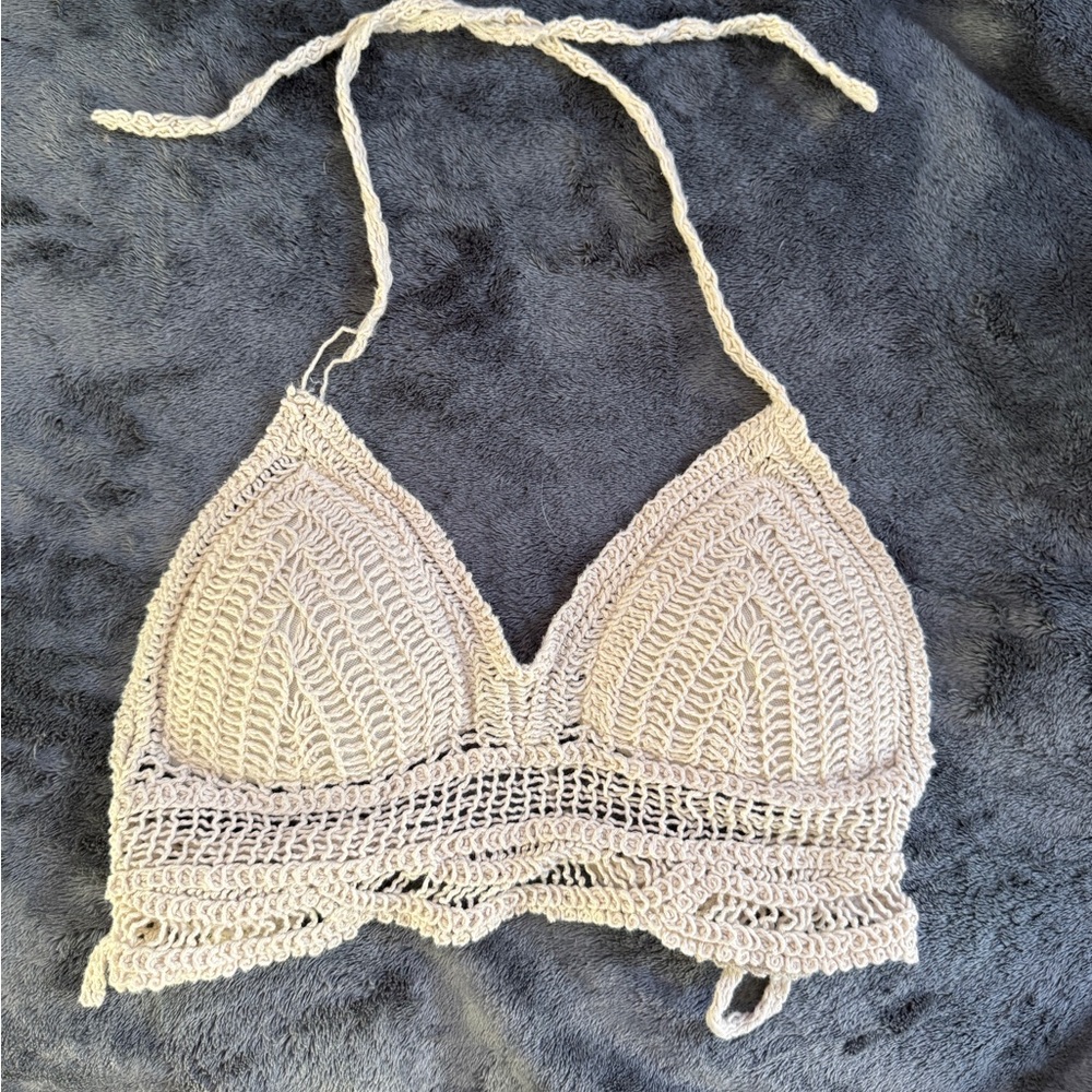 Crochet Halter Swim Coverup Top - Cream